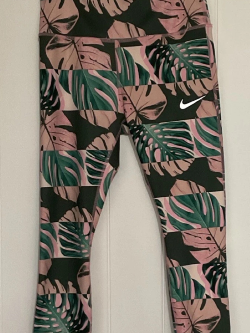Nike Pink and Green Tropical Leaf Print Leggings Dri-Fit
